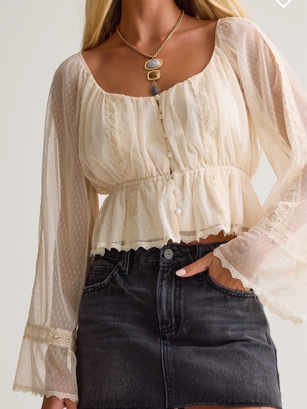 Altar’d State Dorothy Lace Button Front Long Sleeve Blouse Peasant Peplum Ivory
